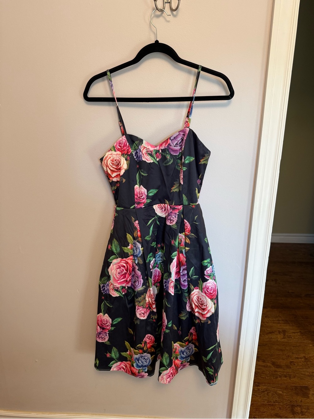 Floral Fit & Flare Dress in Black with Pink Rose Print